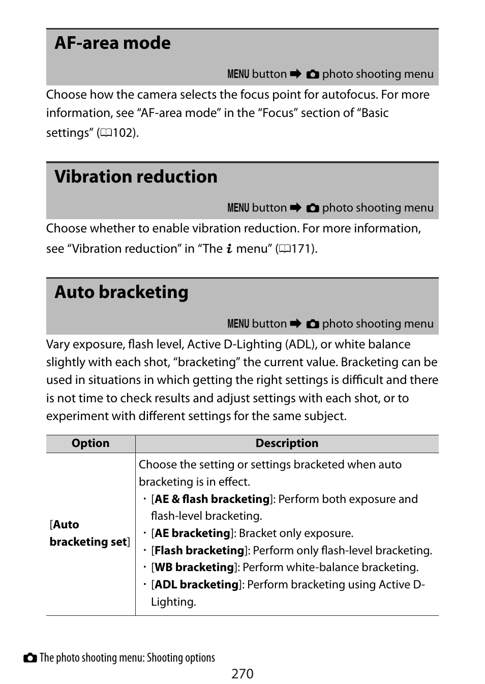 Af-area mode, Vibration reduction, Auto bracketing | Nikon Zfc Mirrorless Camera with 28mm Lens User Manual | Page 270 / 624