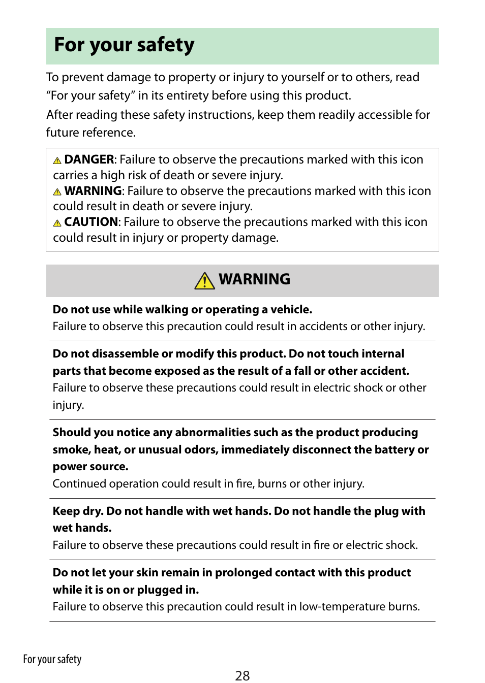 For your safety, Warning | Nikon Zfc Mirrorless Camera with 28mm Lens User Manual | Page 28 / 624