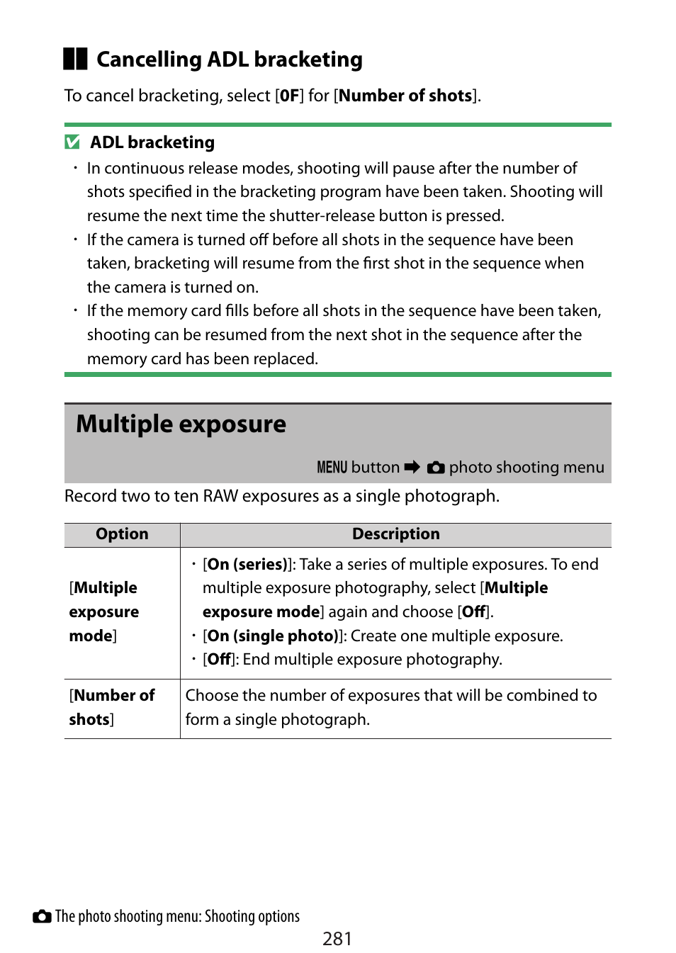 Multiple exposure, Cancelling adl bracketing | Nikon Zfc Mirrorless Camera with 28mm Lens User Manual | Page 281 / 624