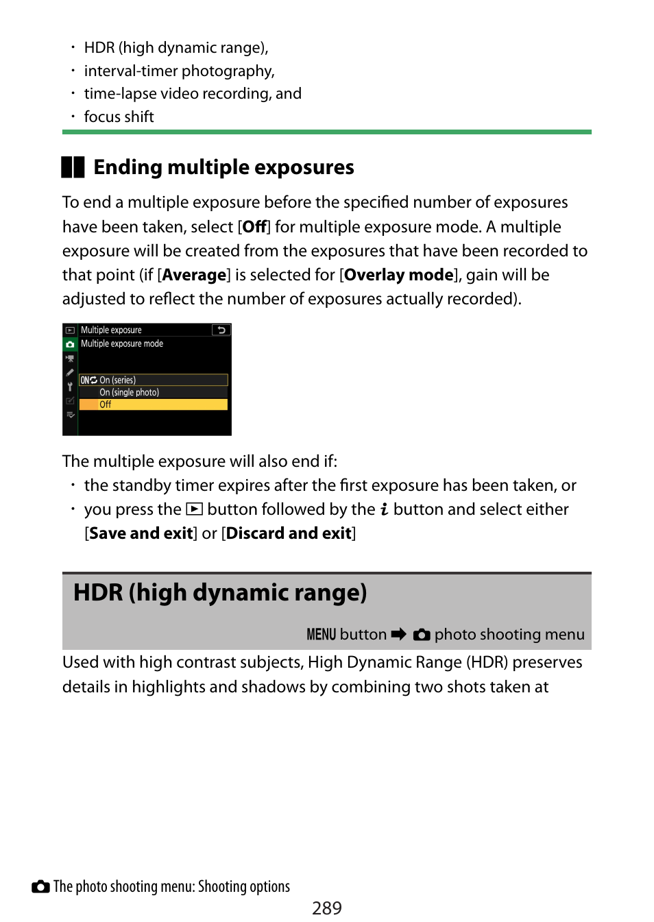 Hdr (high dynamic range), Ending multiple exposures | Nikon Zfc Mirrorless Camera with 28mm Lens User Manual | Page 289 / 624