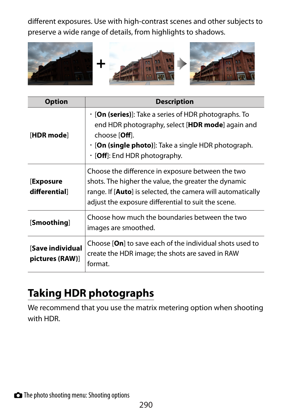 Taking hdr photographs | Nikon Zfc Mirrorless Camera with 28mm Lens User Manual | Page 290 / 624
