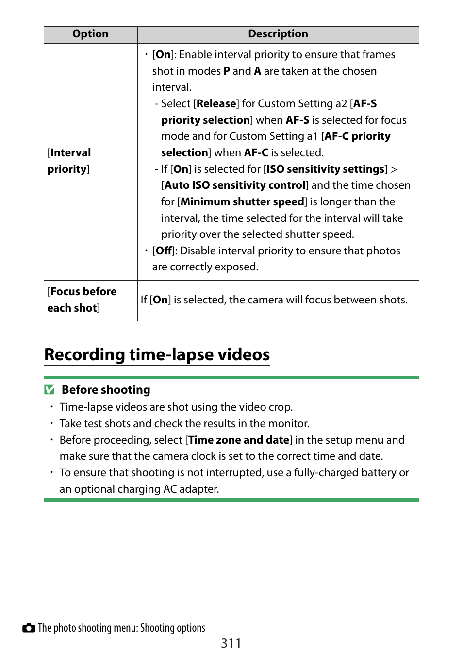 Recording time-lapse videos | Nikon Zfc Mirrorless Camera with 28mm Lens User Manual | Page 311 / 624