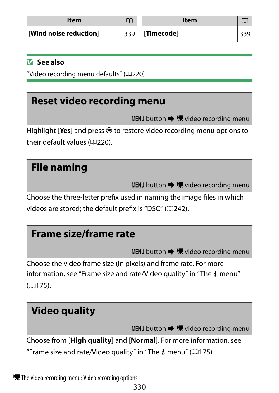 Reset video recording menu, File naming, Frame size/frame rate | Video quality | Nikon Zfc Mirrorless Camera with 28mm Lens User Manual | Page 330 / 624