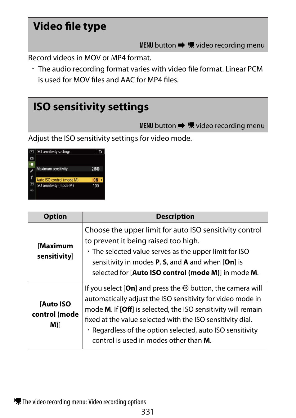 Video file type, Iso sensitivity settings, 331) is enabled | 331) is in | Nikon Zfc Mirrorless Camera with 28mm Lens User Manual | Page 331 / 624
