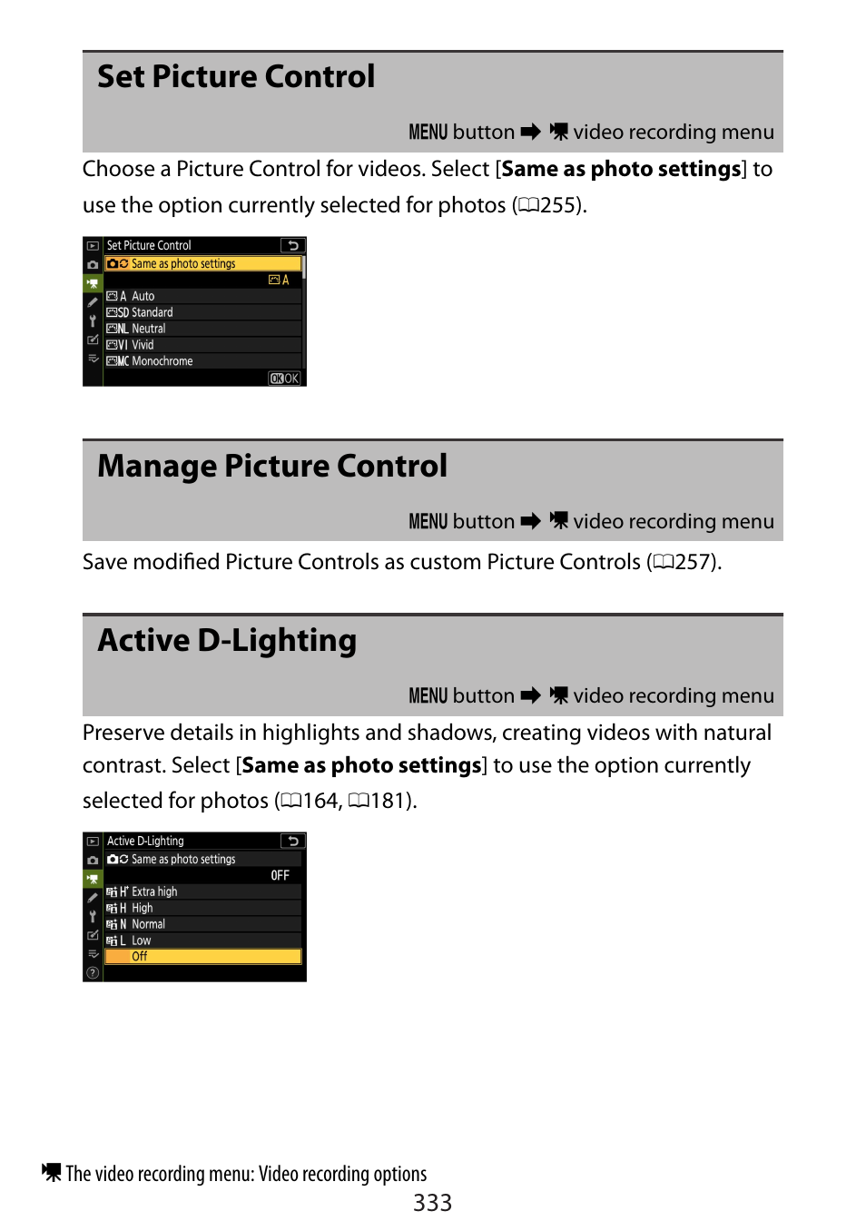 Set picture control, Manage picture control, Active d-lighting | Nikon Zfc Mirrorless Camera with 28mm Lens User Manual | Page 333 / 624