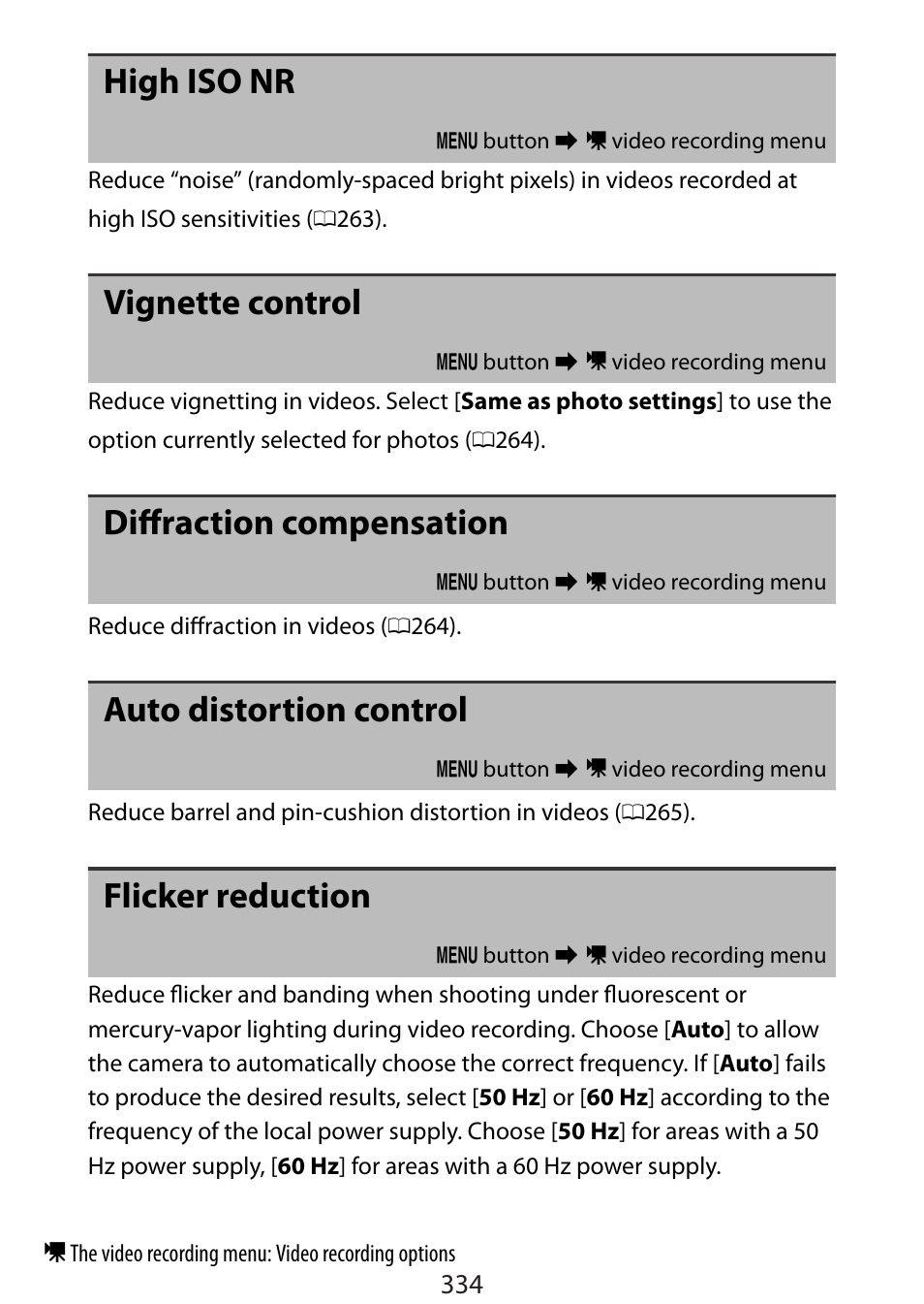 High iso nr, Vignette control, Diffraction compensation | Auto distortion control, Flicker reduction | Nikon Zfc Mirrorless Camera with 28mm Lens User Manual | Page 334 / 624