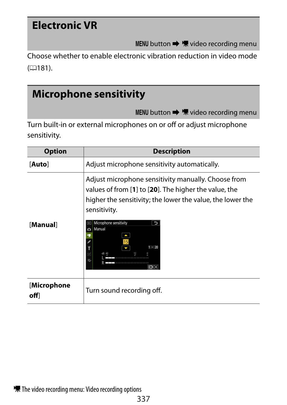 Electronic vr, Microphone sensitivity | Nikon Zfc Mirrorless Camera with 28mm Lens User Manual | Page 337 / 624