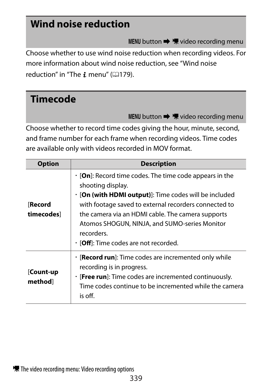 Wind noise reduction, Timecode | Nikon Zfc Mirrorless Camera with 28mm Lens User Manual | Page 339 / 624