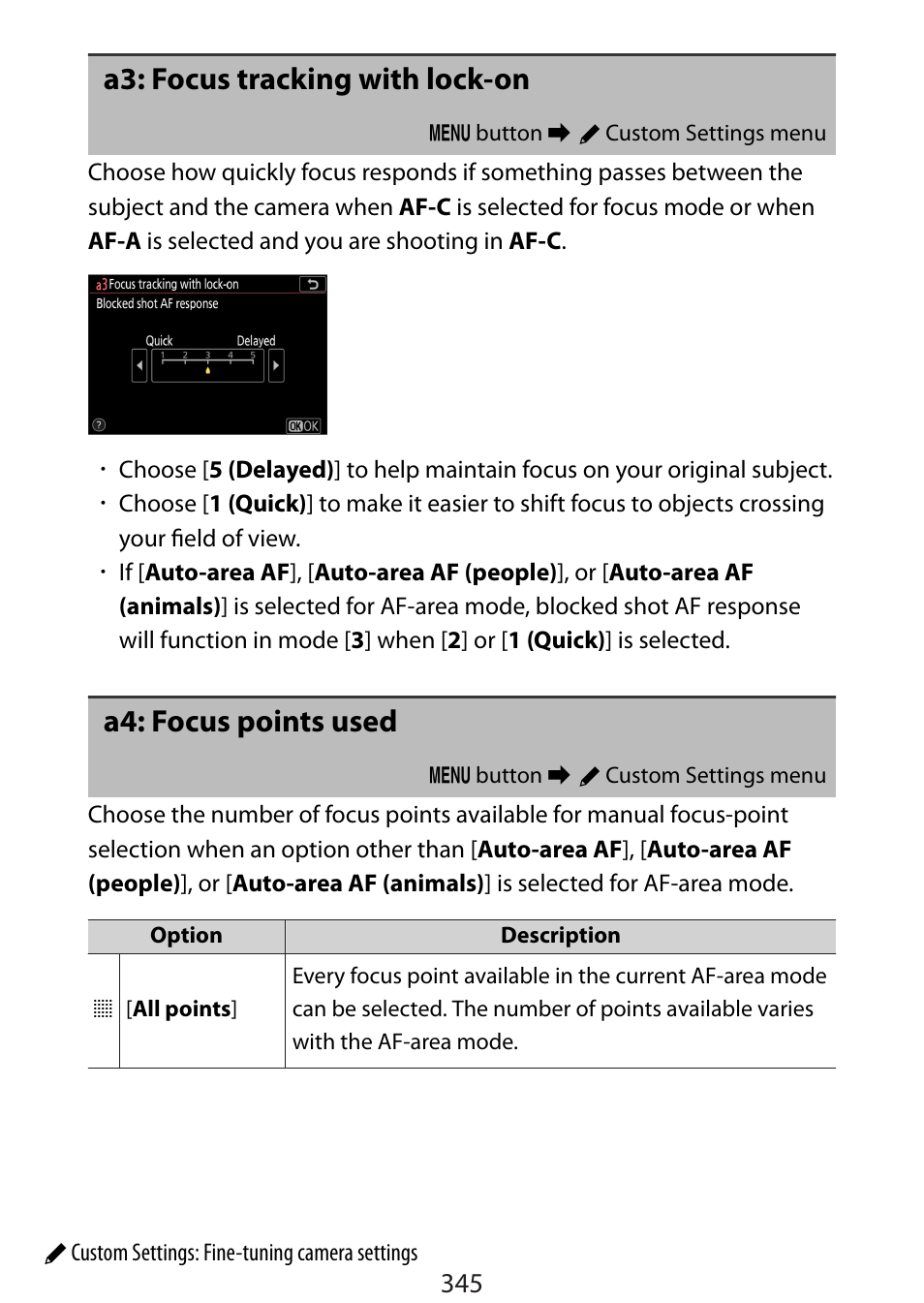 A3: focus tracking with lock-on, A4: focus points used | Nikon Zfc Mirrorless Camera with 28mm Lens User Manual | Page 345 / 624