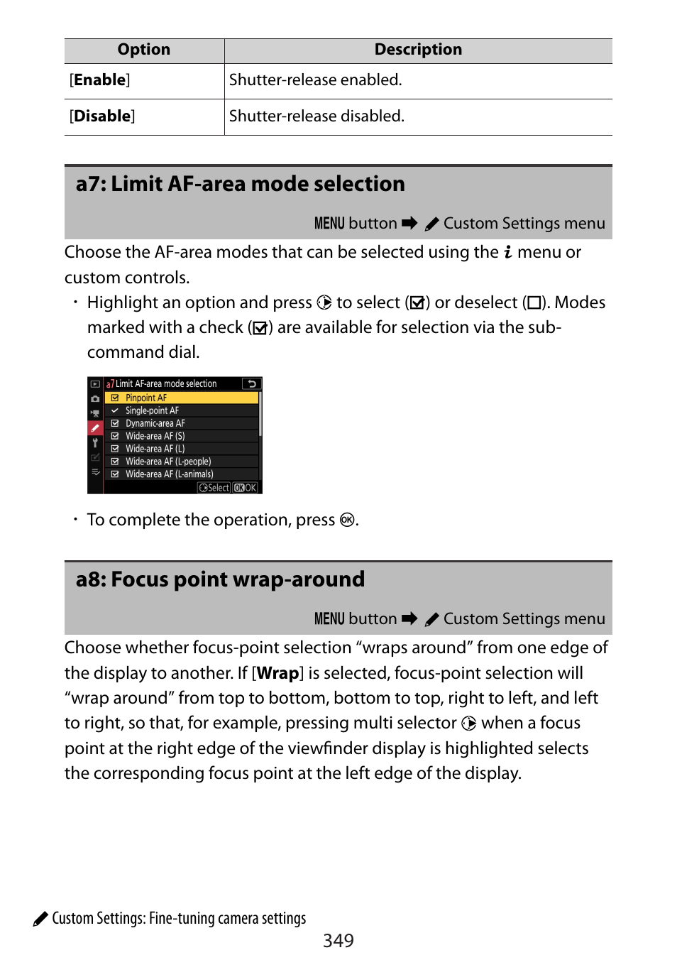 A7: limit af-area mode selection, A8: focus point wrap-around | Nikon Zfc Mirrorless Camera with 28mm Lens User Manual | Page 349 / 624