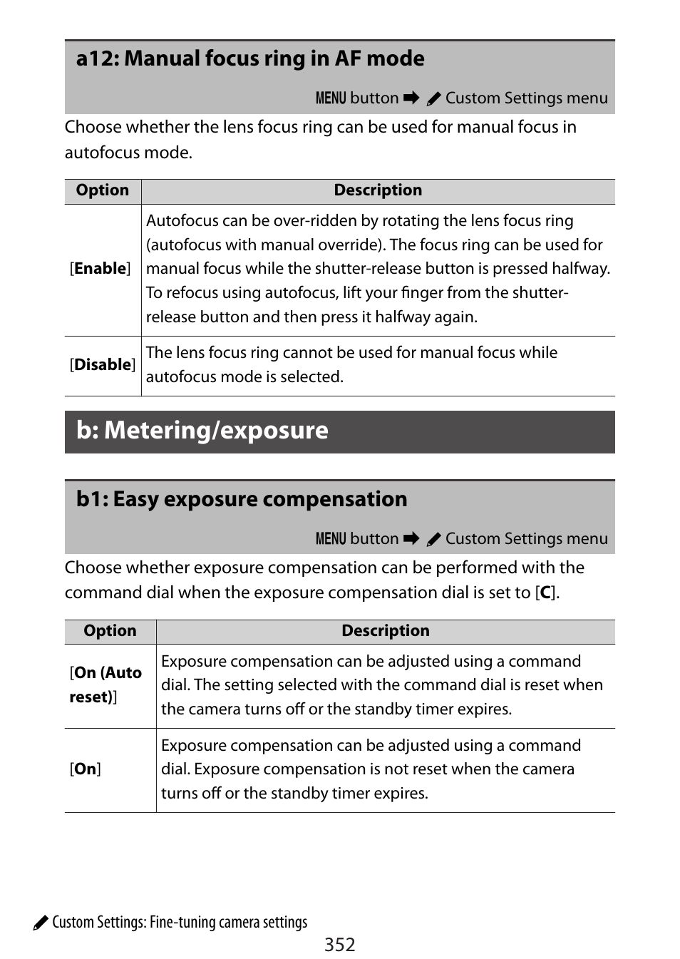 A12: manual focus ring in af mode, B: metering/exposure, B1: easy exposure compensation | Nikon Zfc Mirrorless Camera with 28mm Lens User Manual | Page 352 / 624