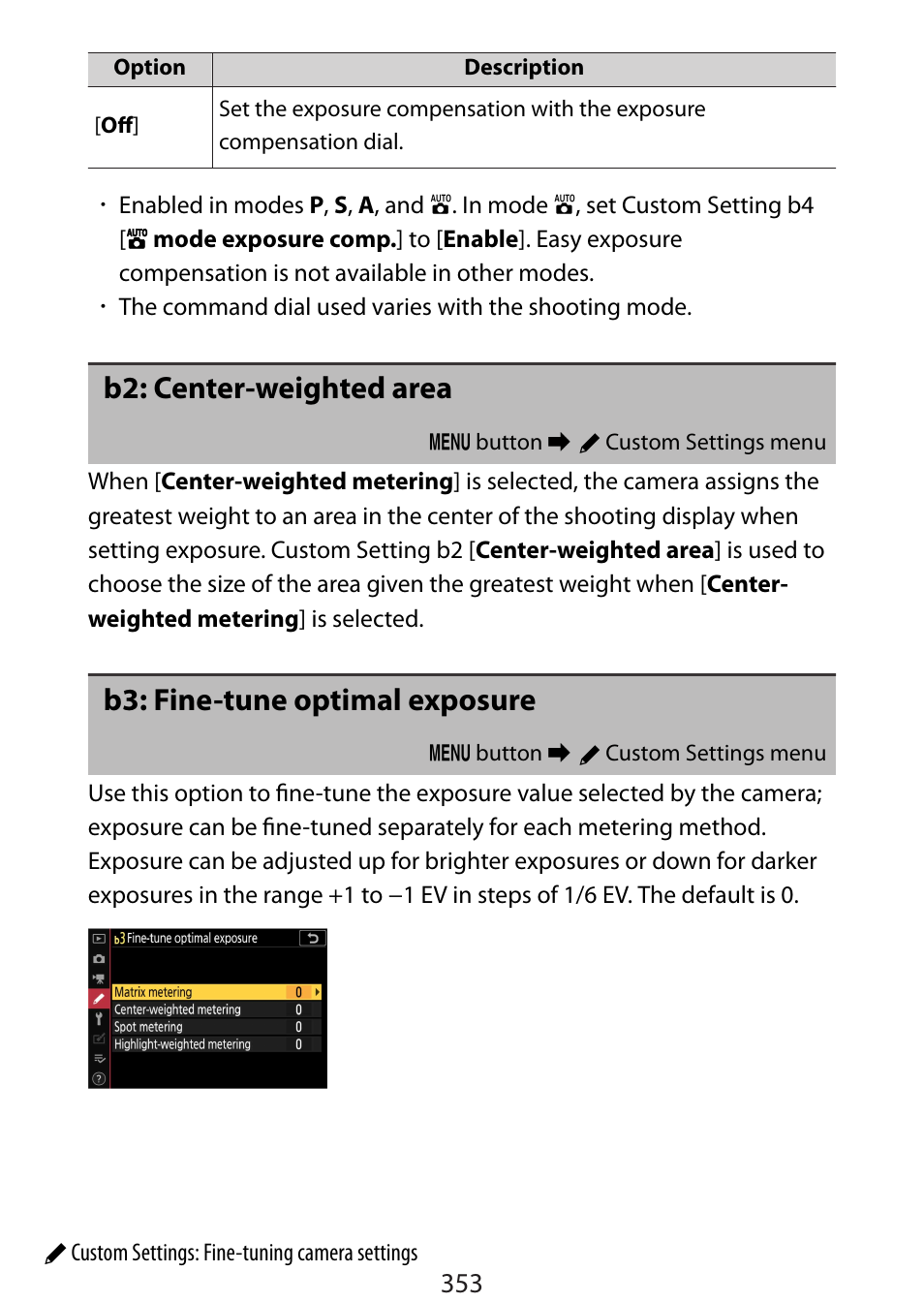 B2: center-weighted area, B3: fine-tune optimal exposure | Nikon Zfc Mirrorless Camera with 28mm Lens User Manual | Page 353 / 624