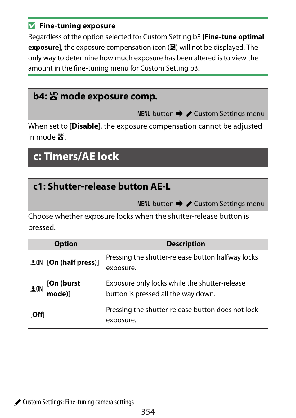 B4: auto mode exposure comp, C: timers/ae lock, C1: shutter-release button ae-l | B4: b mode exposure comp | Nikon Zfc Mirrorless Camera with 28mm Lens User Manual | Page 354 / 624