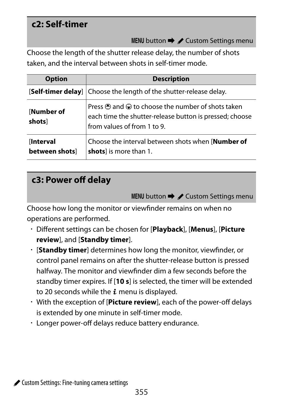 C2: self-timer, C3: power off delay | Nikon Zfc Mirrorless Camera with 28mm Lens User Manual | Page 355 / 624