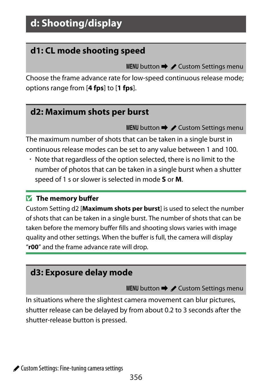 D: shooting/display, D1: cl mode shooting speed, D2: maximum shots per burst | D3: exposure delay mode | Nikon Zfc Mirrorless Camera with 28mm Lens User Manual | Page 356 / 624