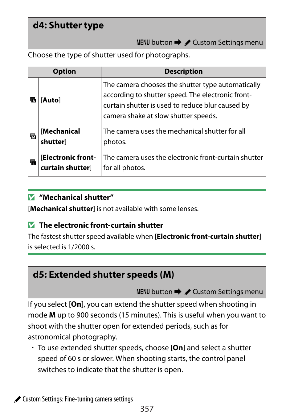 D4: shutter type, D5: extended shutter speeds (m) | Nikon Zfc Mirrorless Camera with 28mm Lens User Manual | Page 357 / 624