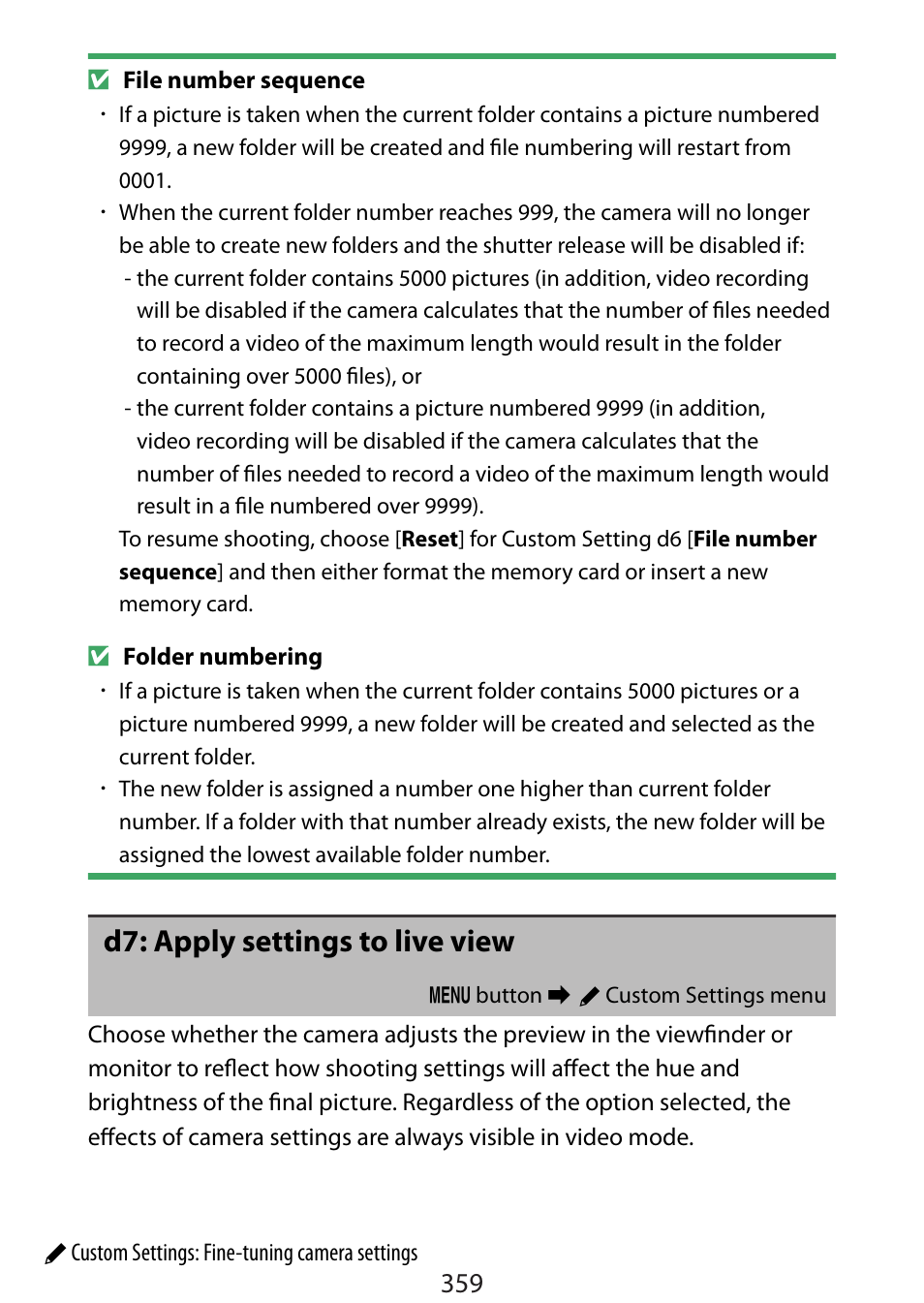 D7: apply settings to live view | Nikon Zfc Mirrorless Camera with 28mm Lens User Manual | Page 359 / 624