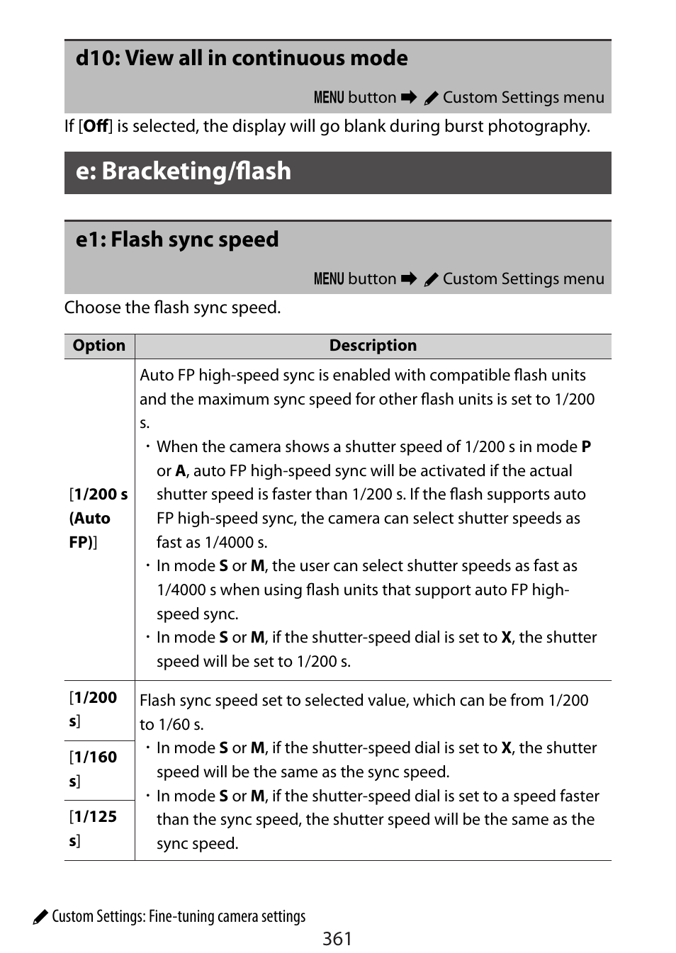 D10: view all in continuous mode, E: bracketing/flash, E1: flash sync speed | Nikon Zfc Mirrorless Camera with 28mm Lens User Manual | Page 361 / 624