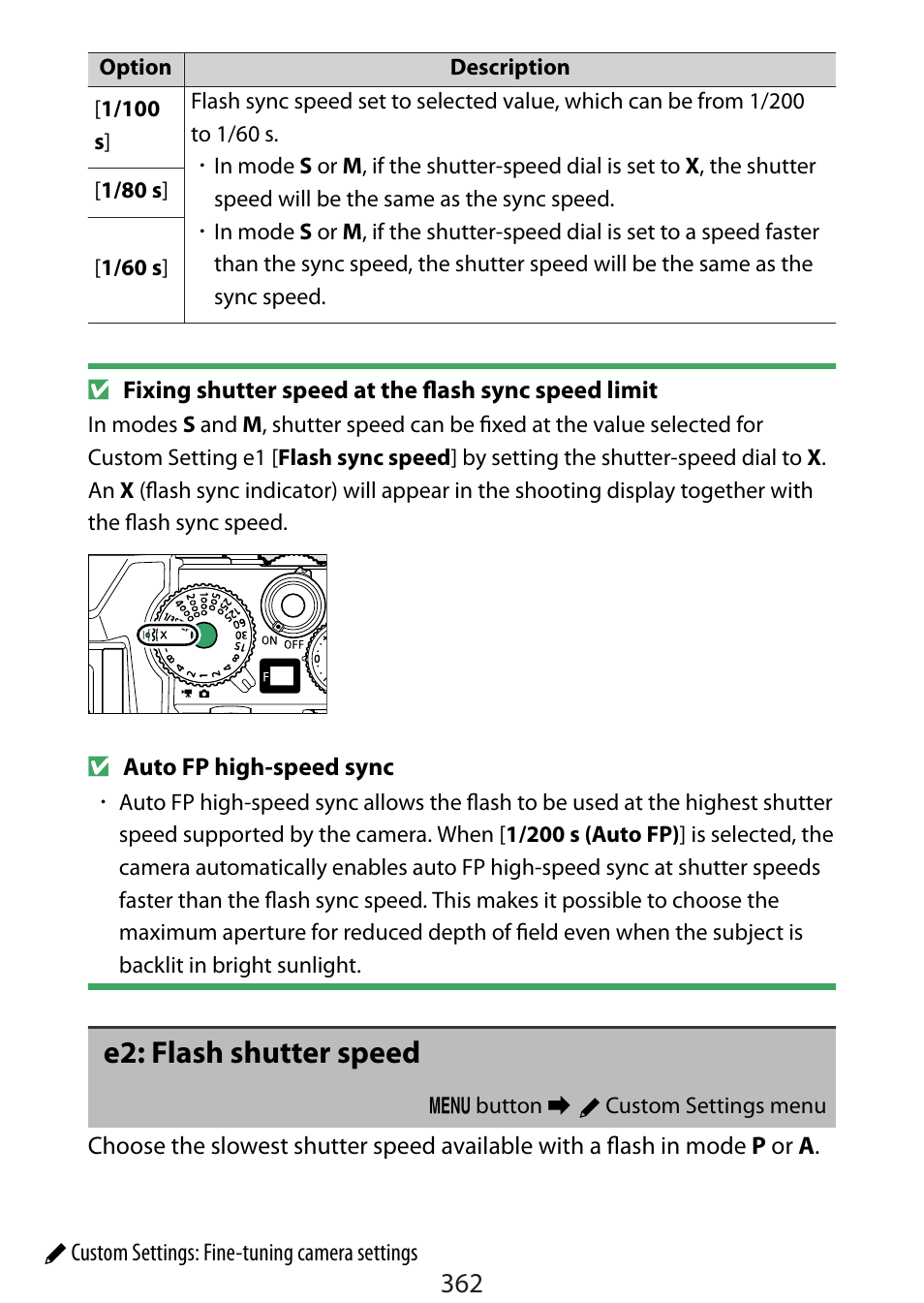 E2: flash shutter speed | Nikon Zfc Mirrorless Camera with 28mm Lens User Manual | Page 362 / 624