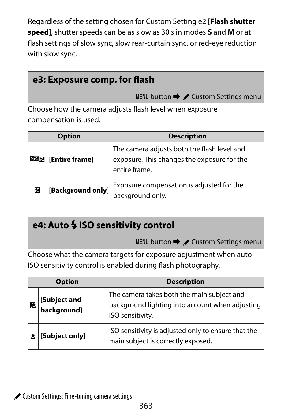 E3: exposure comp. for flash, E4: auto flash iso sensitivity control, E4: auto c iso sensitivity control | Nikon Zfc Mirrorless Camera with 28mm Lens User Manual | Page 363 / 624