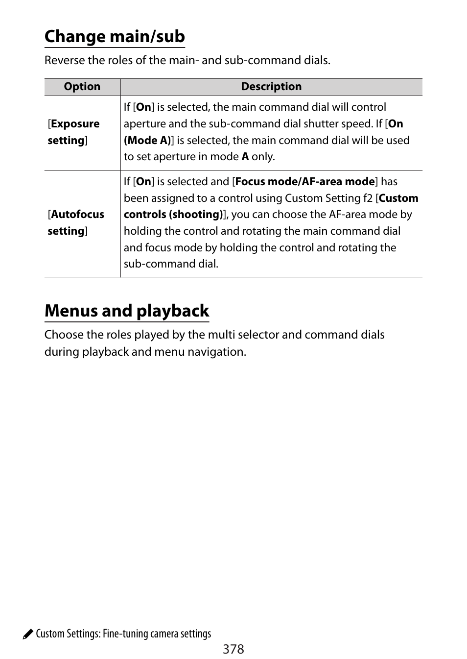 Change main/sub, Menus and playback | Nikon Zfc Mirrorless Camera with 28mm Lens User Manual | Page 378 / 624