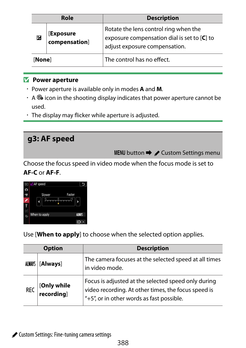 G3: af speed | Nikon Zfc Mirrorless Camera with 28mm Lens User Manual | Page 388 / 624