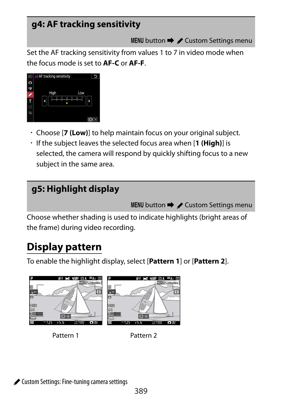 G4: af tracking sensitivity, G5: highlight display, Display pattern | Nikon Zfc Mirrorless Camera with 28mm Lens User Manual | Page 389 / 624