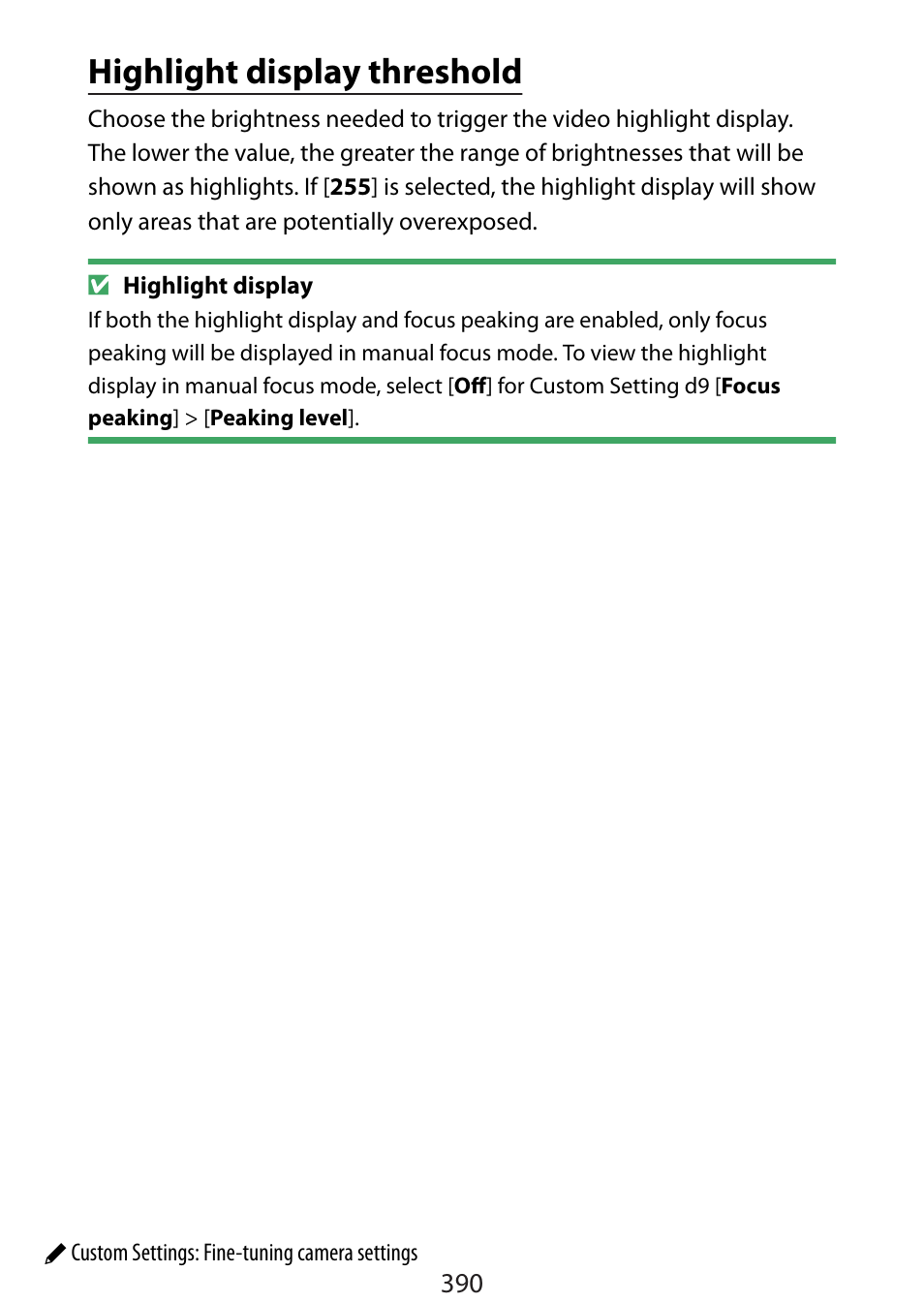 Highlight display threshold | Nikon Zfc Mirrorless Camera with 28mm Lens User Manual | Page 390 / 624