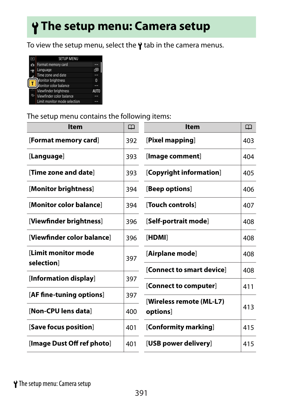 The setup menu: camera setup, Tup menu, Bthe setup menu: camera setup | Nikon Zfc Mirrorless Camera with 28mm Lens User Manual | Page 391 / 624