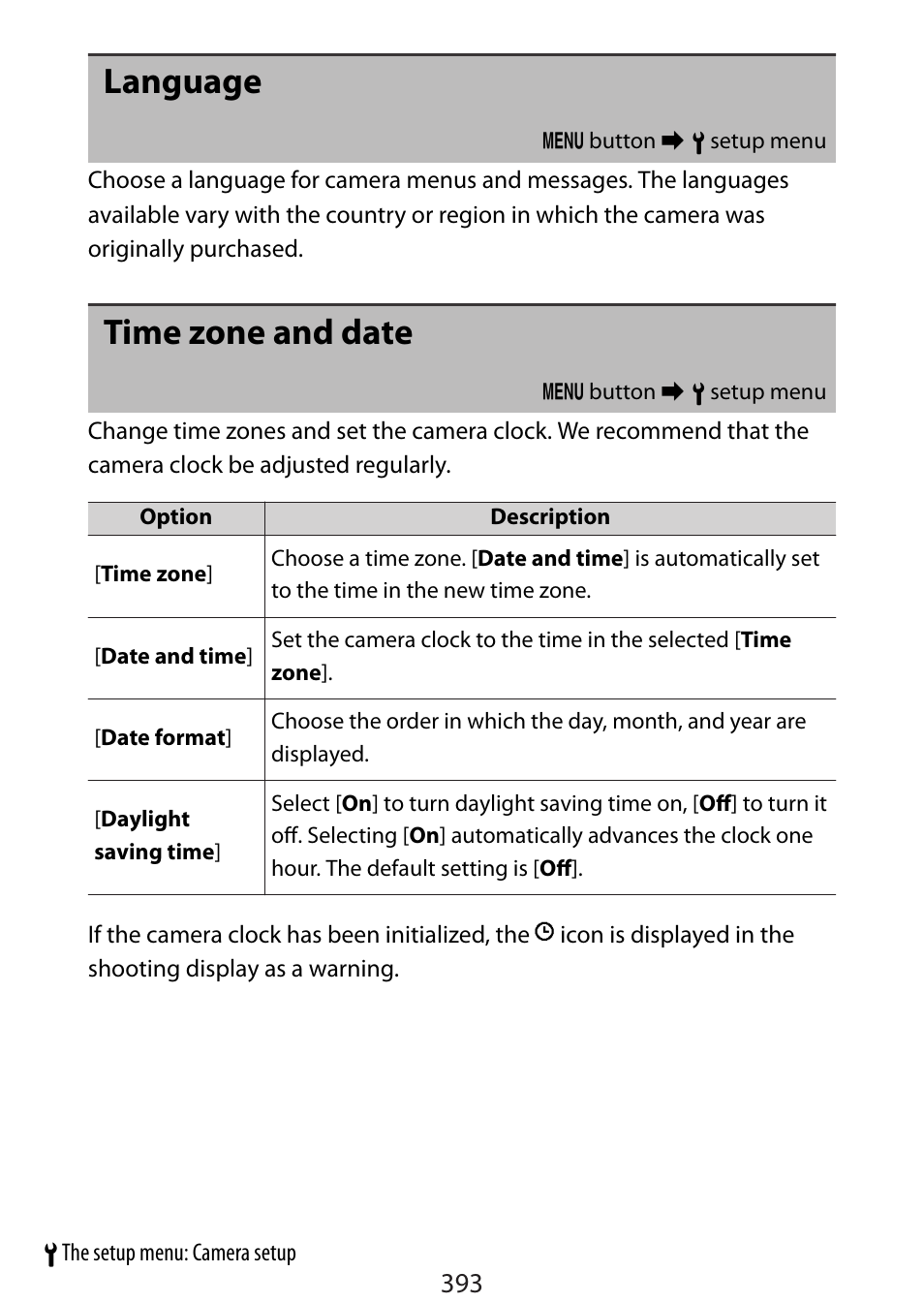 Language, Time zone and date, Ding | Nikon Zfc Mirrorless Camera with 28mm Lens User Manual | Page 393 / 624