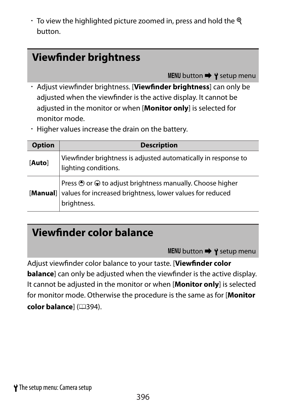 Viewfinder brightness, Viewfinder color balance | Nikon Zfc Mirrorless Camera with 28mm Lens User Manual | Page 396 / 624