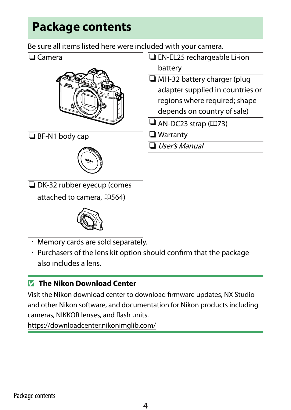 Package contents | Nikon Zfc Mirrorless Camera with 28mm Lens User Manual | Page 4 / 624