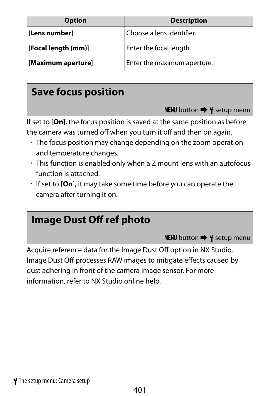 Save focus position, Image dust off ref photo | Nikon Zfc Mirrorless Camera with 28mm Lens User Manual | Page 401 / 624