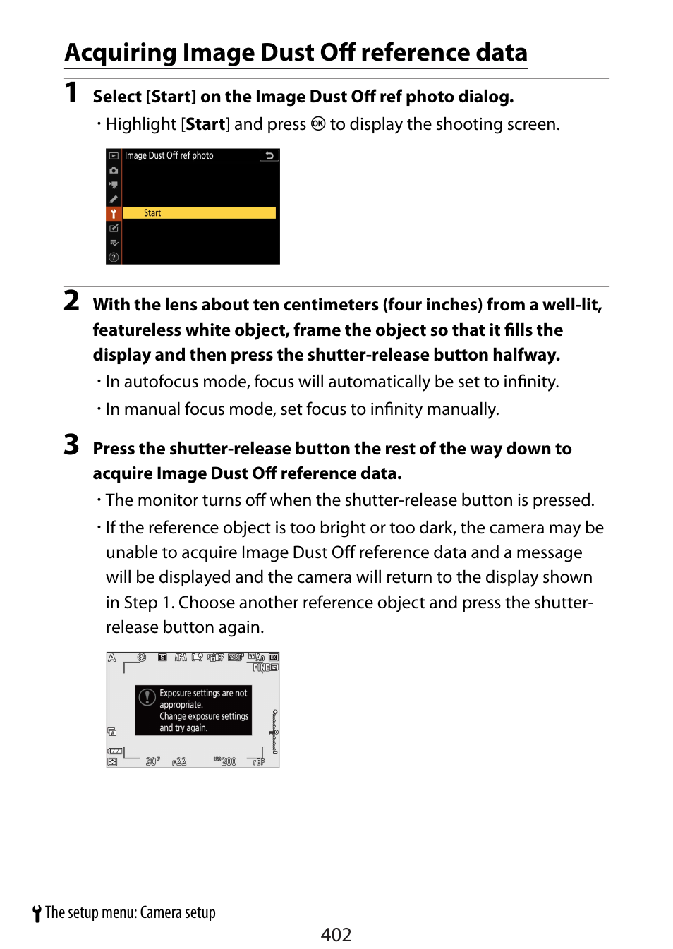 Acquiring image dust off reference data | Nikon Zfc Mirrorless Camera with 28mm Lens User Manual | Page 402 / 624