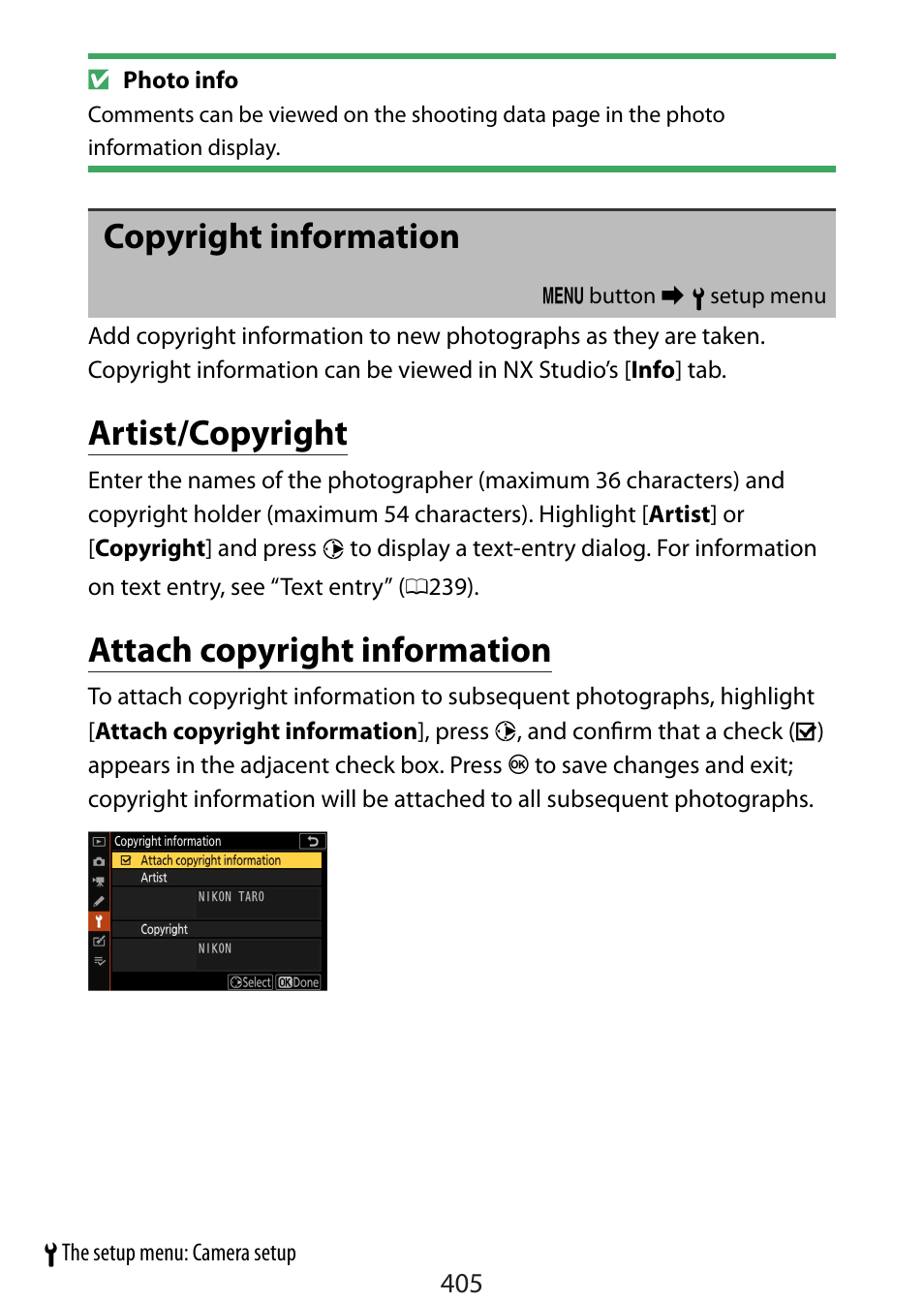 Copyright information, Artist/copyright, Attach copyright information | Apher, T holder | Nikon Zfc Mirrorless Camera with 28mm Lens User Manual | Page 405 / 624