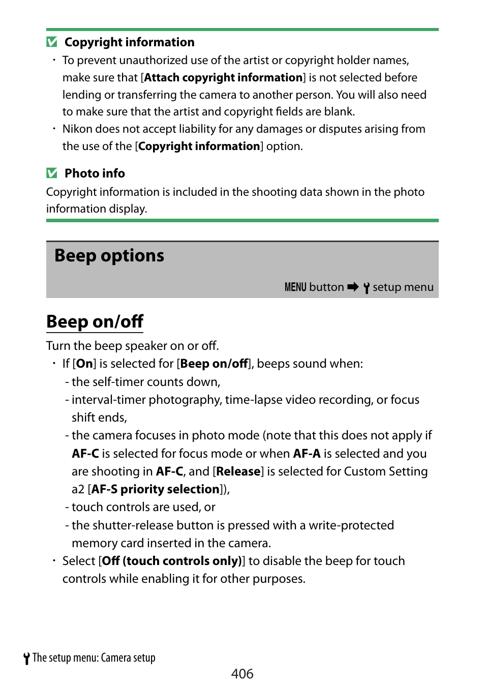 Beep options, Beep on/off | Nikon Zfc Mirrorless Camera with 28mm Lens User Manual | Page 406 / 624
