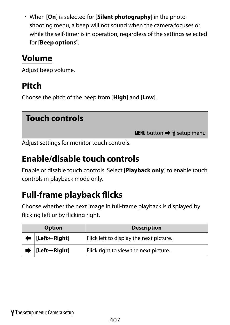 Volume, Pitch, Touch controls | Enable/disable touch controls, Full-frame playback flicks | Nikon Zfc Mirrorless Camera with 28mm Lens User Manual | Page 407 / 624