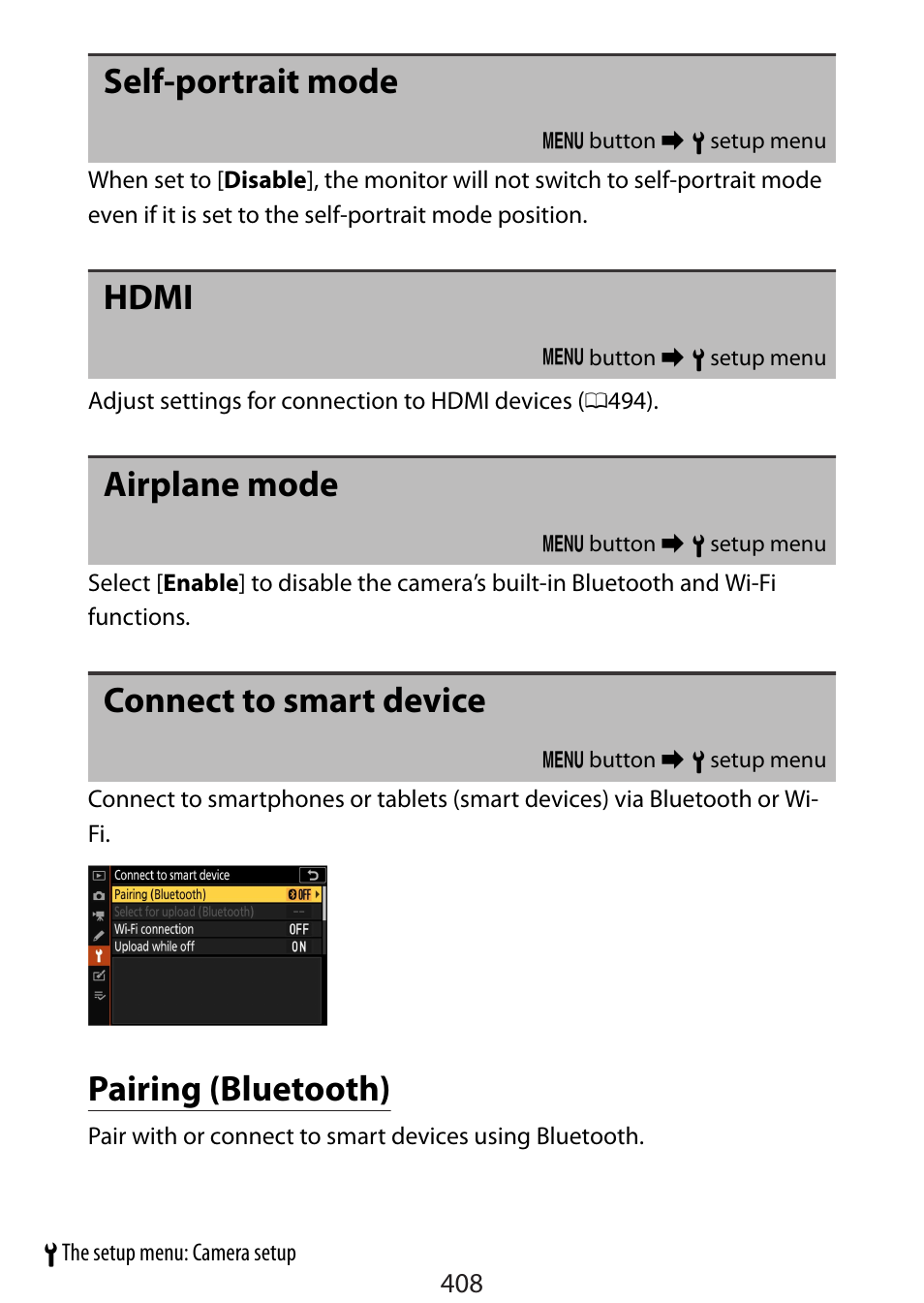 Self-portrait mode, Hdmi, Airplane mode | Connect to smart device, Pairing (bluetooth), In the setup menu | Nikon Zfc Mirrorless Camera with 28mm Lens User Manual | Page 408 / 624