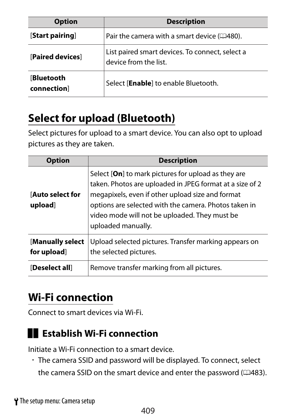 Select for upload (bluetooth), Wi-fi connection, Establish wi-fi connection | Nikon Zfc Mirrorless Camera with 28mm Lens User Manual | Page 409 / 624