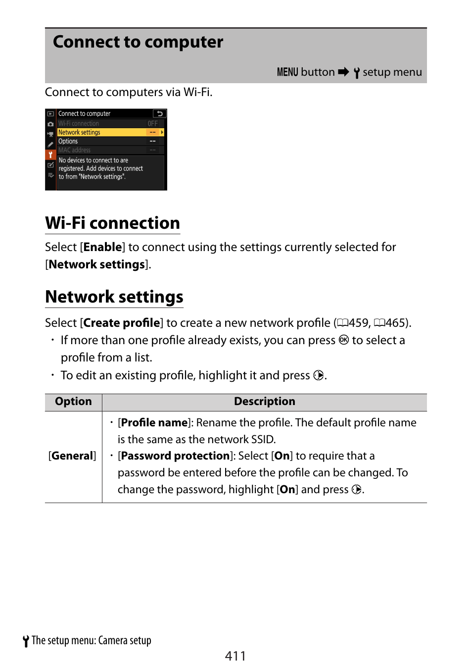 Connect to computer, Wi-fi connection, Network settings | In the setup menu | Nikon Zfc Mirrorless Camera with 28mm Lens User Manual | Page 411 / 624