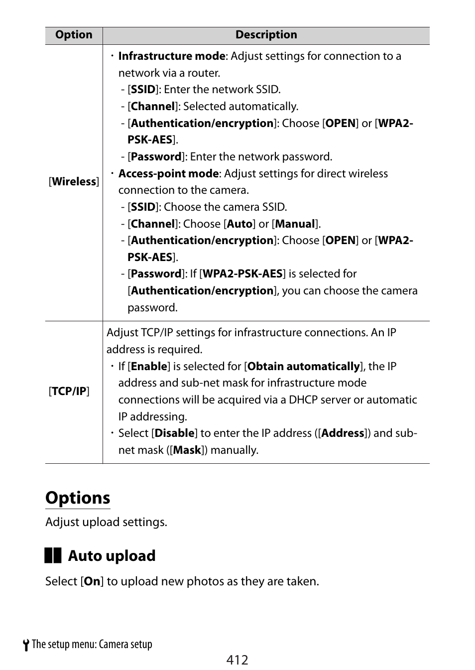 Options, Auto upload | Nikon Zfc Mirrorless Camera with 28mm Lens User Manual | Page 412 / 624