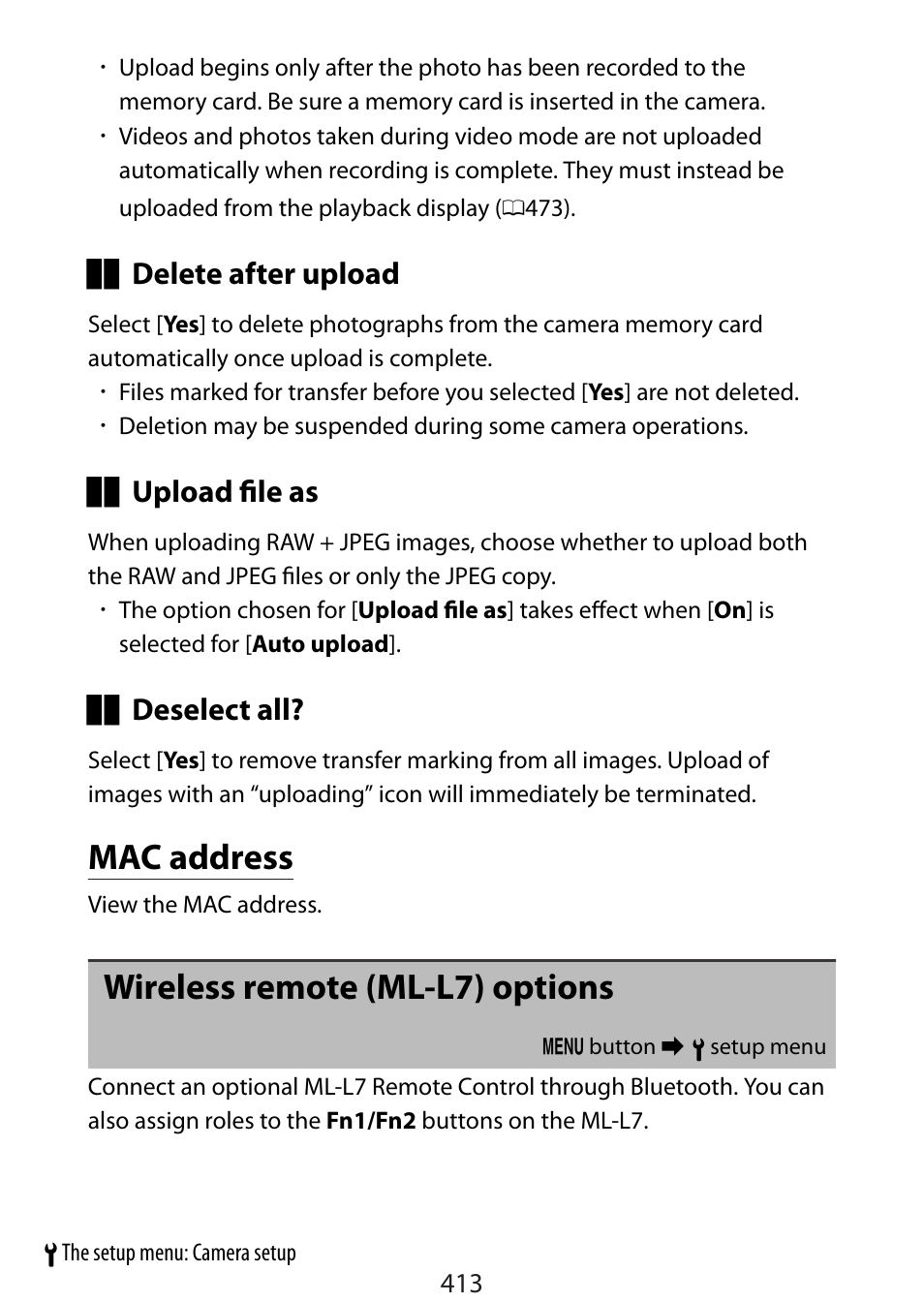 Mac address, Wireless remote (ml-l7) options | Nikon Zfc Mirrorless Camera with 28mm Lens User Manual | Page 413 / 624