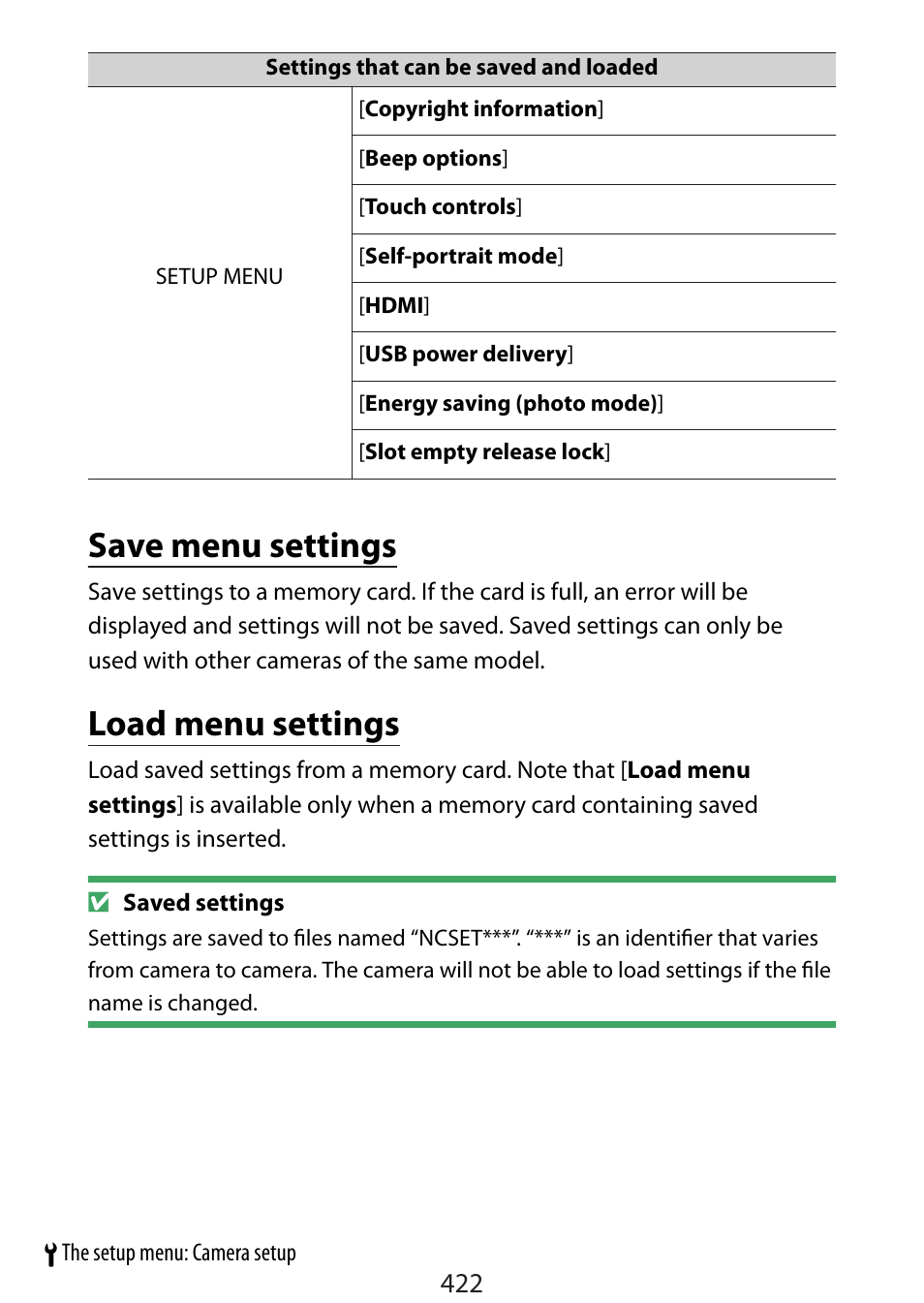 Save menu settings, Load menu settings | Nikon Zfc Mirrorless Camera with 28mm Lens User Manual | Page 422 / 624