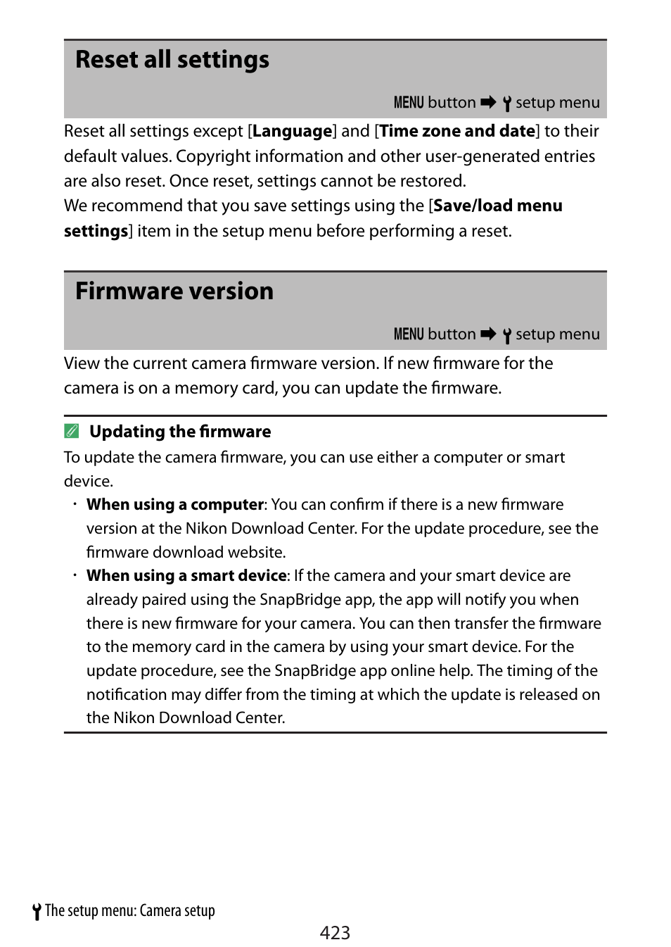 Reset all settings, Firmware version | Nikon Zfc Mirrorless Camera with 28mm Lens User Manual | Page 423 / 624