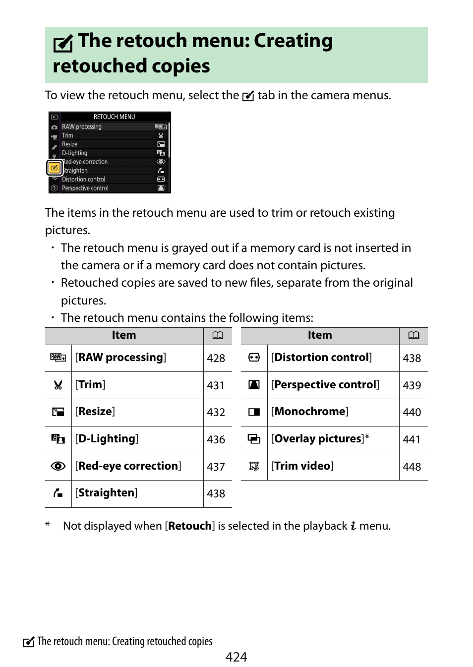 The retouch menu: creating retouched copies, Nthe retouch menu: creating retouched copies | Nikon Zfc Mirrorless Camera with 28mm Lens User Manual | Page 424 / 624