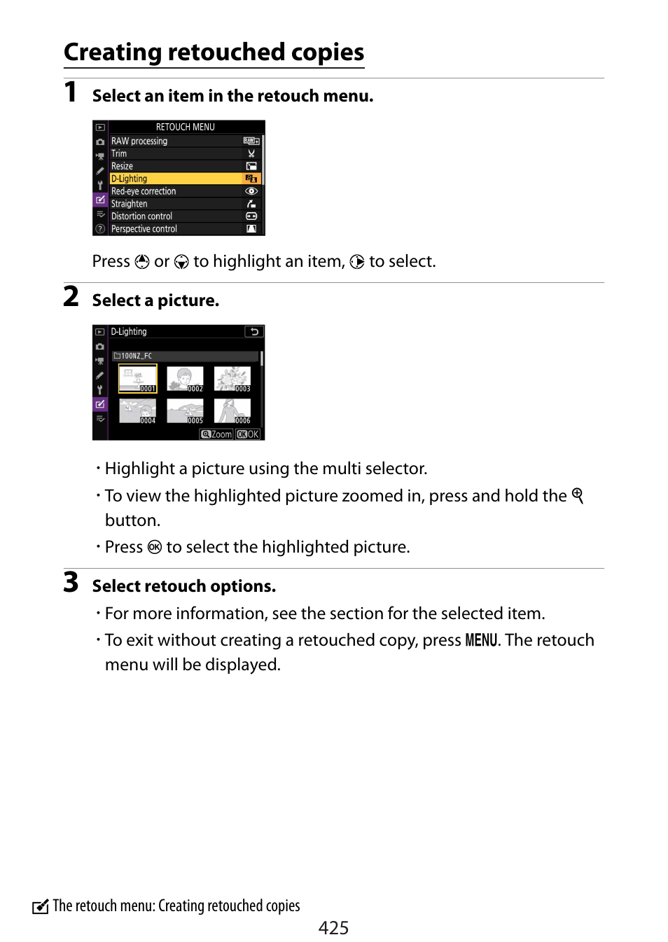 Creating retouched copies | Nikon Zfc Mirrorless Camera with 28mm Lens User Manual | Page 425 / 624