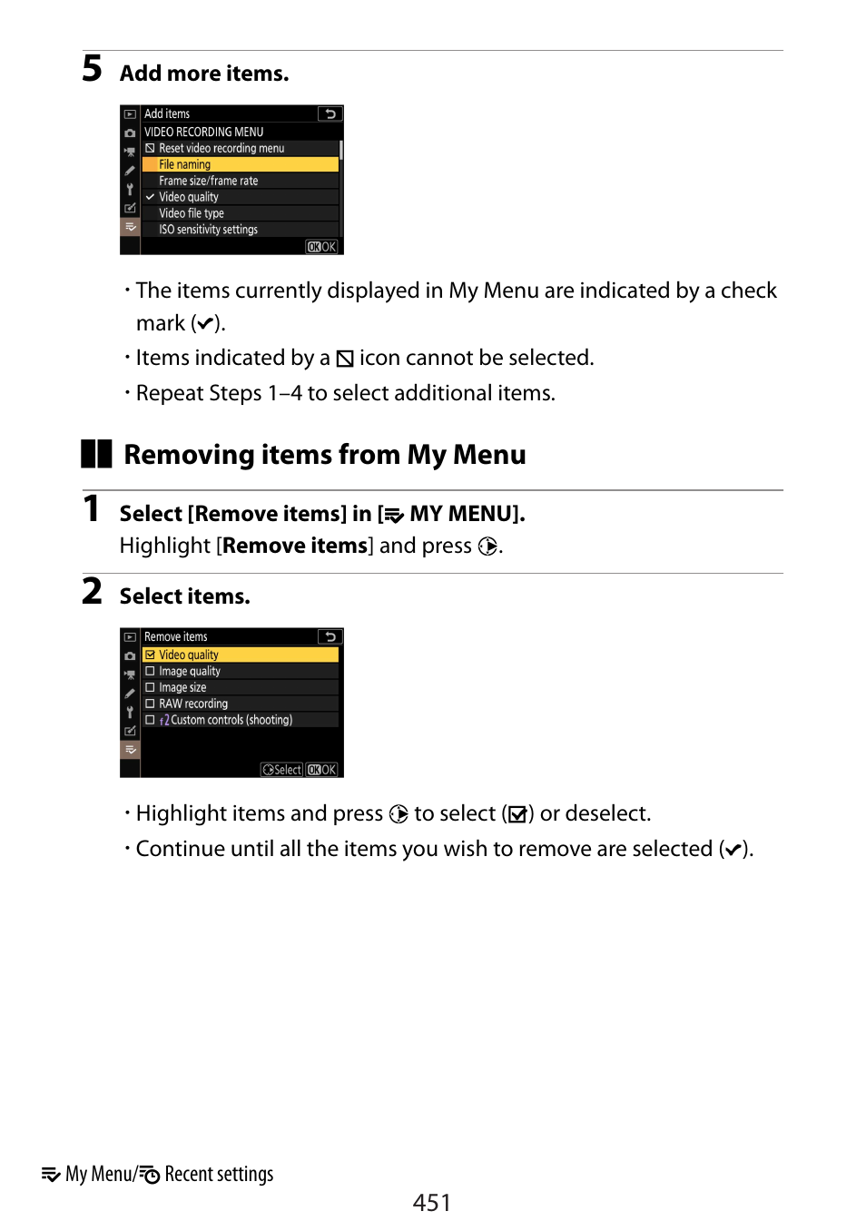 Removing items from my menu | Nikon Zfc Mirrorless Camera with 28mm Lens User Manual | Page 451 / 624