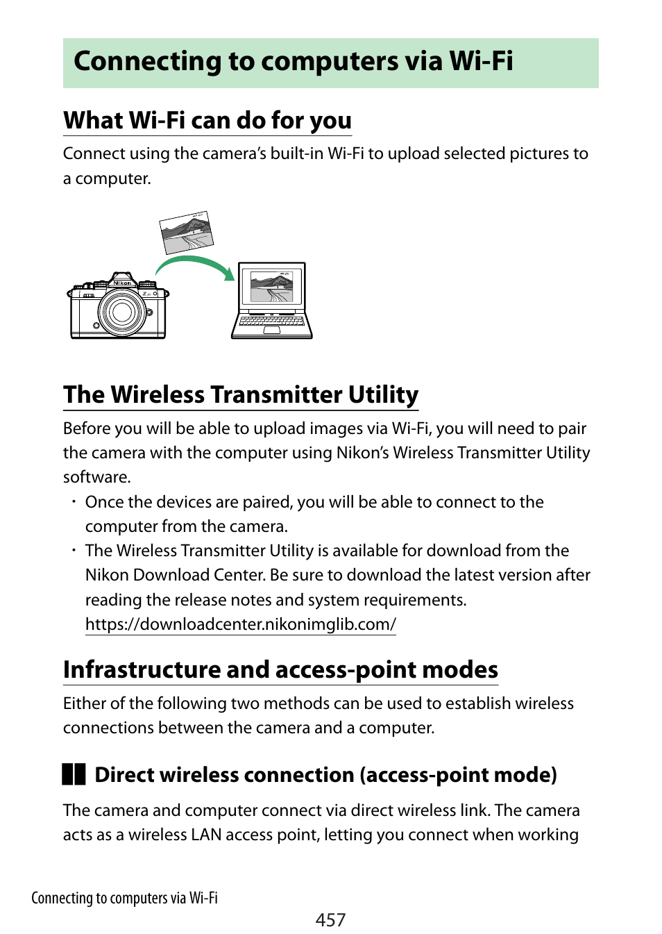 Connecting to computers via wi-fi, What wi-fi can do for you, The wireless transmitter utility | Infrastructure and access-point modes | Nikon Zfc Mirrorless Camera with 28mm Lens User Manual | Page 457 / 624