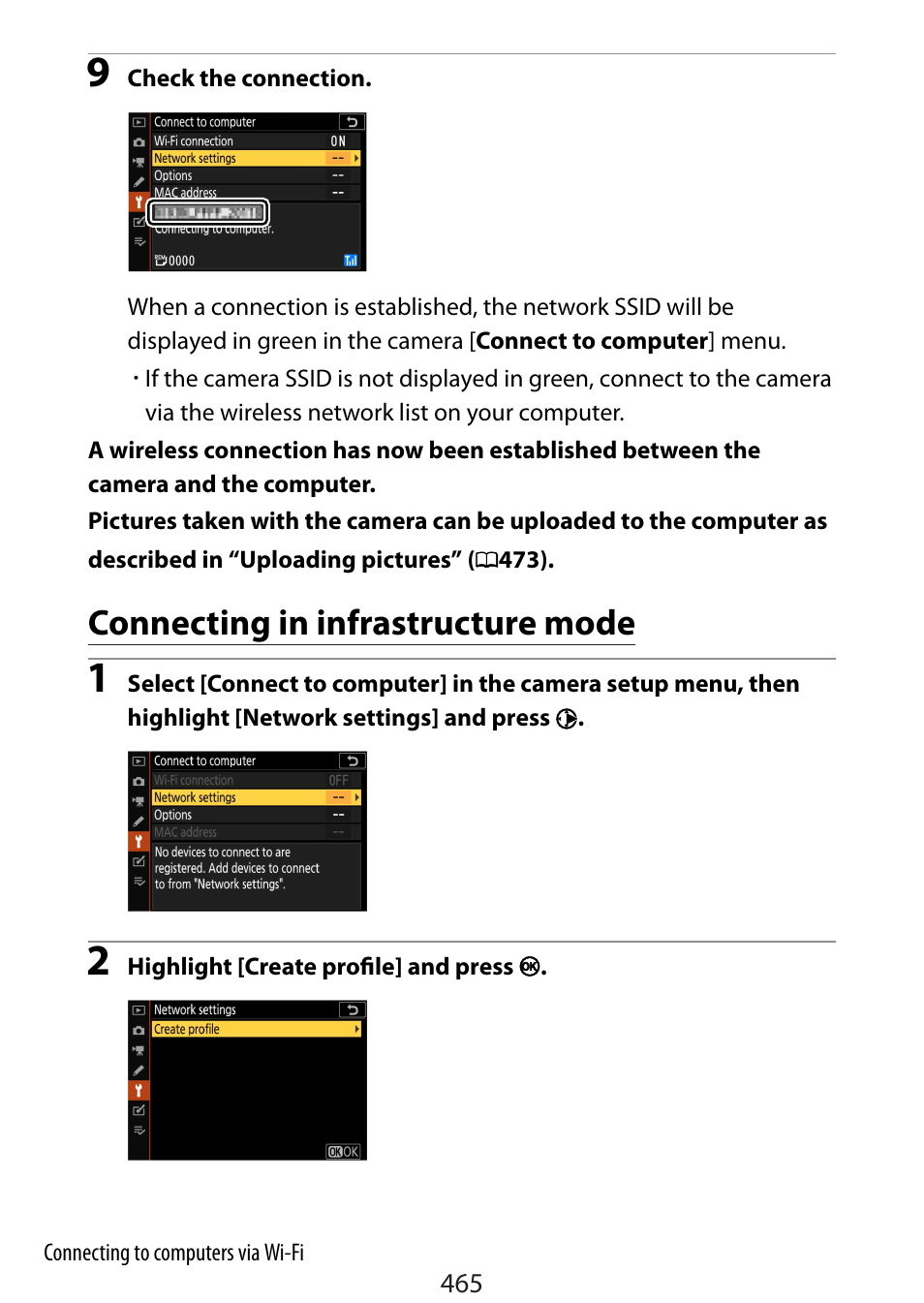 Connecting in infrastructure mode | Nikon Zfc Mirrorless Camera with 28mm Lens User Manual | Page 465 / 624