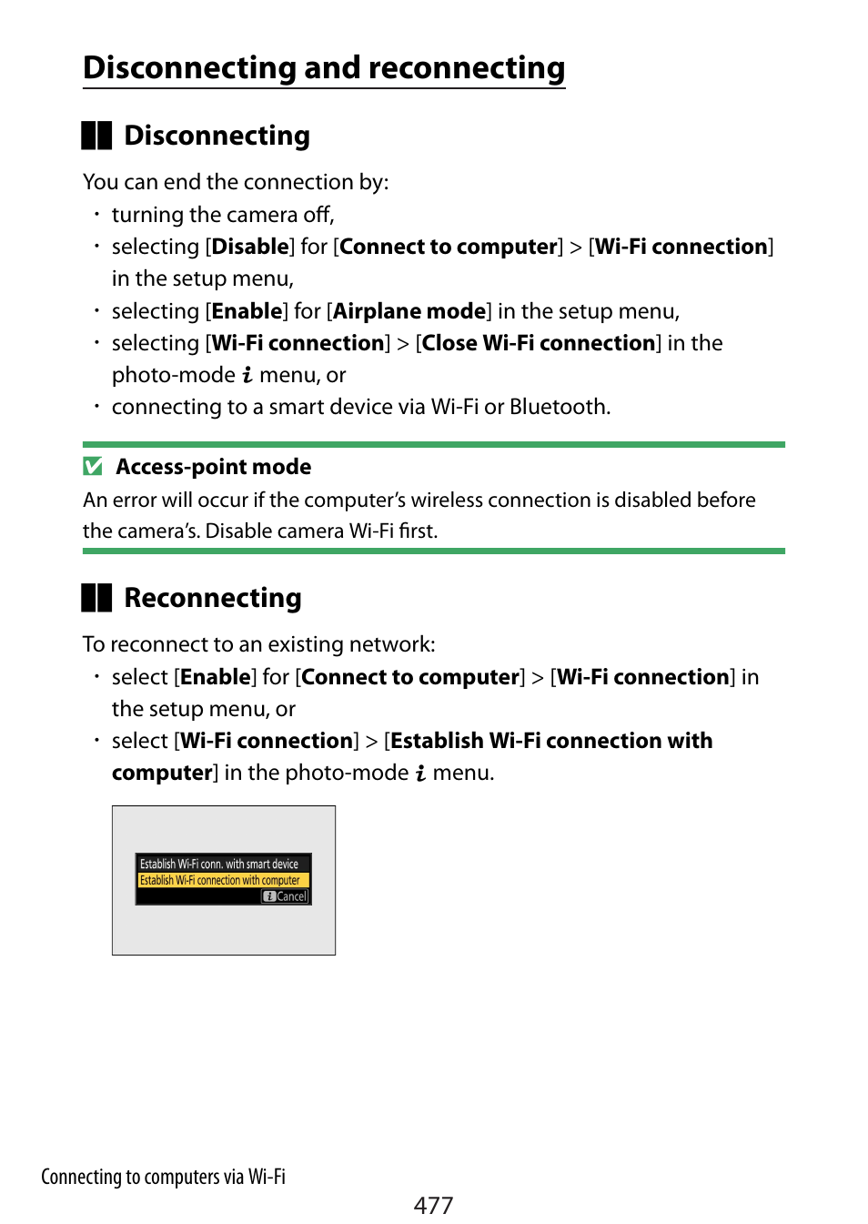 Disconnecting and reconnecting | Nikon Zfc Mirrorless Camera with 28mm Lens User Manual | Page 477 / 624